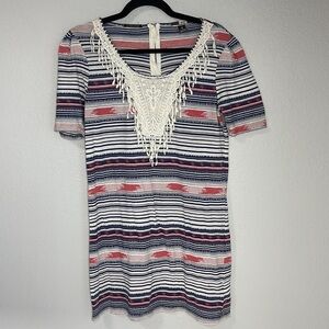 Maison Scotch Boho Aztec Print Short Sleeve Tassel Fringe Shift Dress Size 4